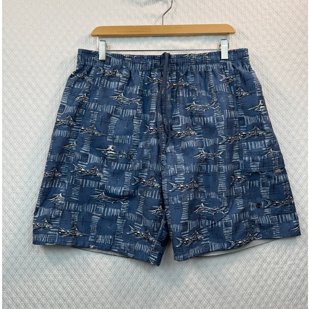 Newport Blue Mens L Marlin Print Swim Trunks Blue Mesh Lined Cargo Pocket Beach